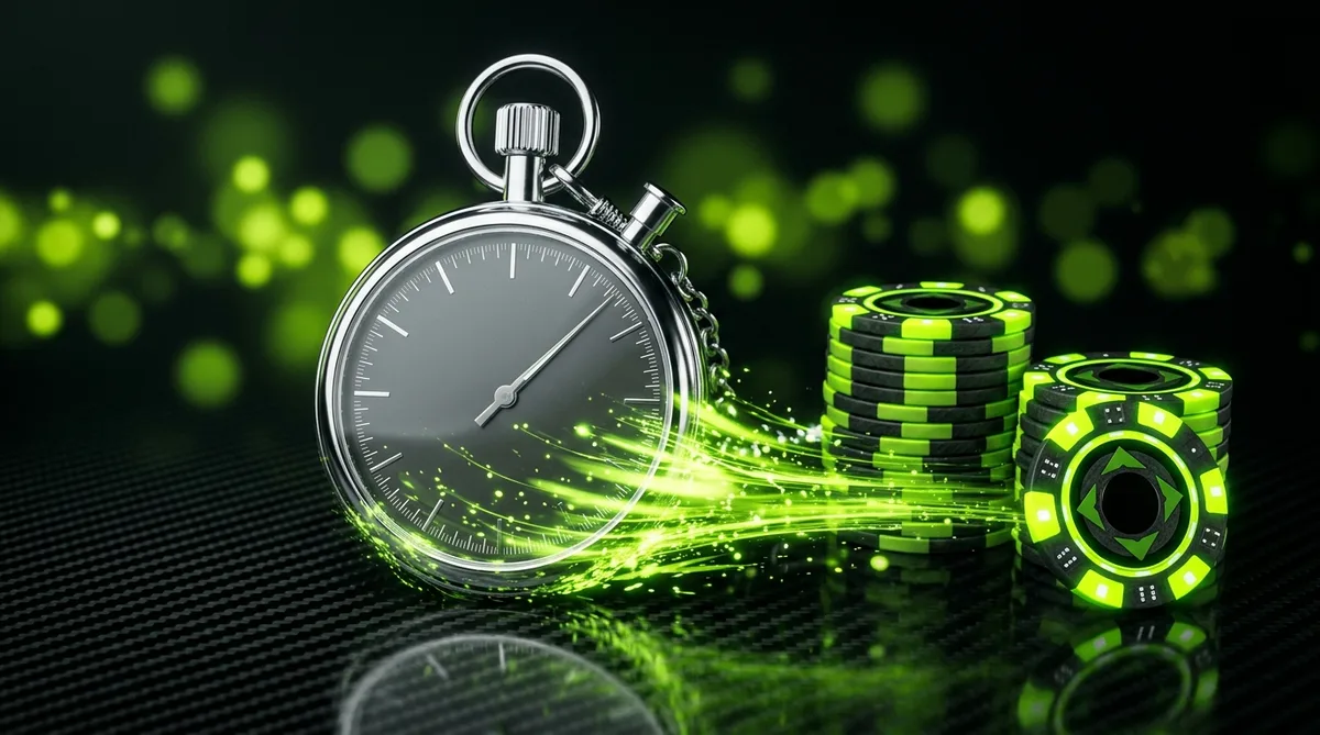 A stopwatch dissolving into volt-green light streaks beside chip stacks