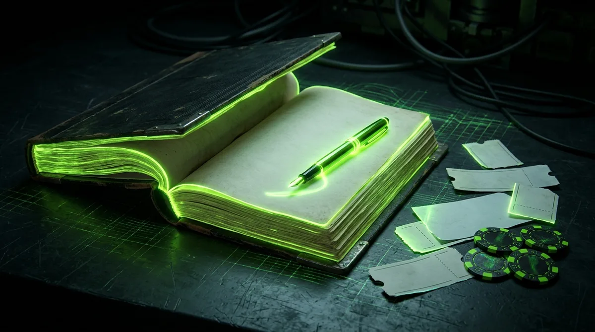 A glowing volt-green ledger book with blank ticket stubs and chips on carbon black