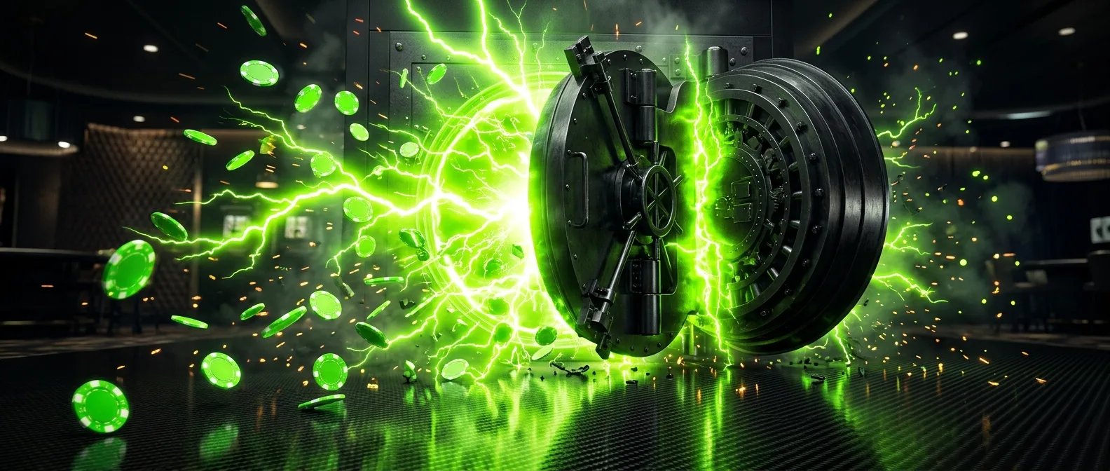 Volt-green lightning energy around a dark cashier vault door with chips scattering